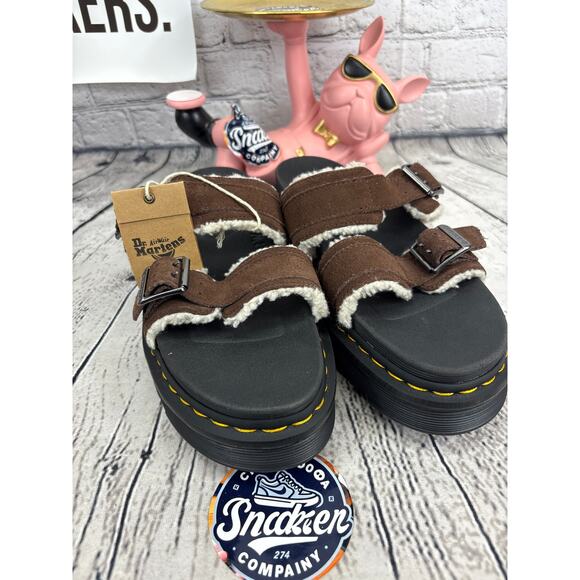 Dr Martens Myles Platform Sandals Mens 11 Black Brown Fur Lined Buckle Slide NEW main image 4
